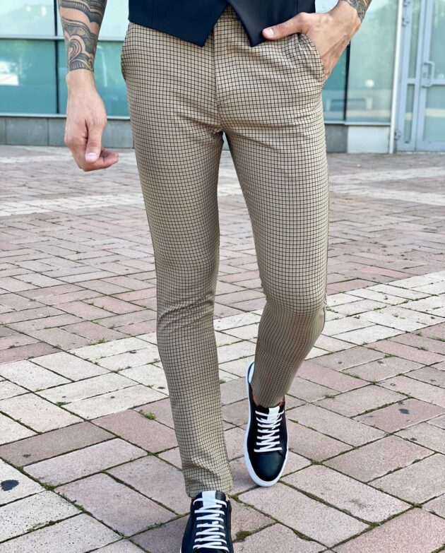 Бежевые брюки slim fit в клетку. Арт.: 2465